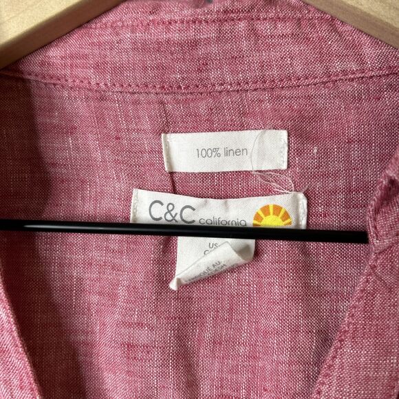 C&C CALIFORNIA Button Up Shirt Womens S Small Pink Linen V Neck Tunic Roll Tab - Picture 5 of 14